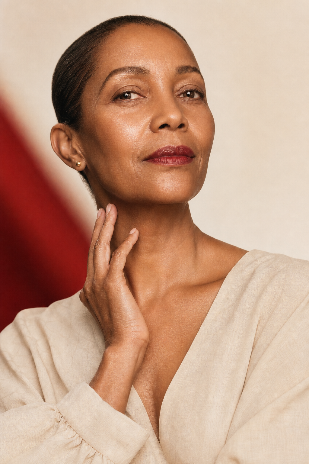 Elegant mature South African woman caring for the skin of her face and neck