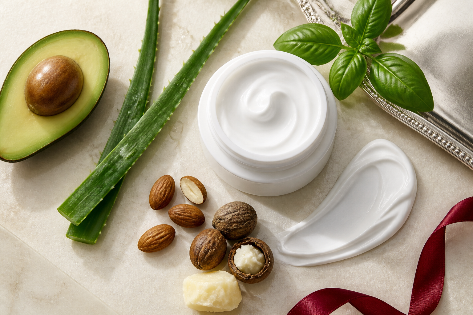 VitaRegen-inspired skincare ingredients including avocado, aloe, almonds, shea and basil